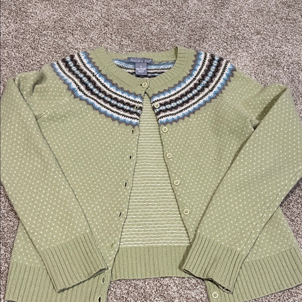 Lambswool Apple Green and White Knit Cardigan. Scandinavian detail at neckline.